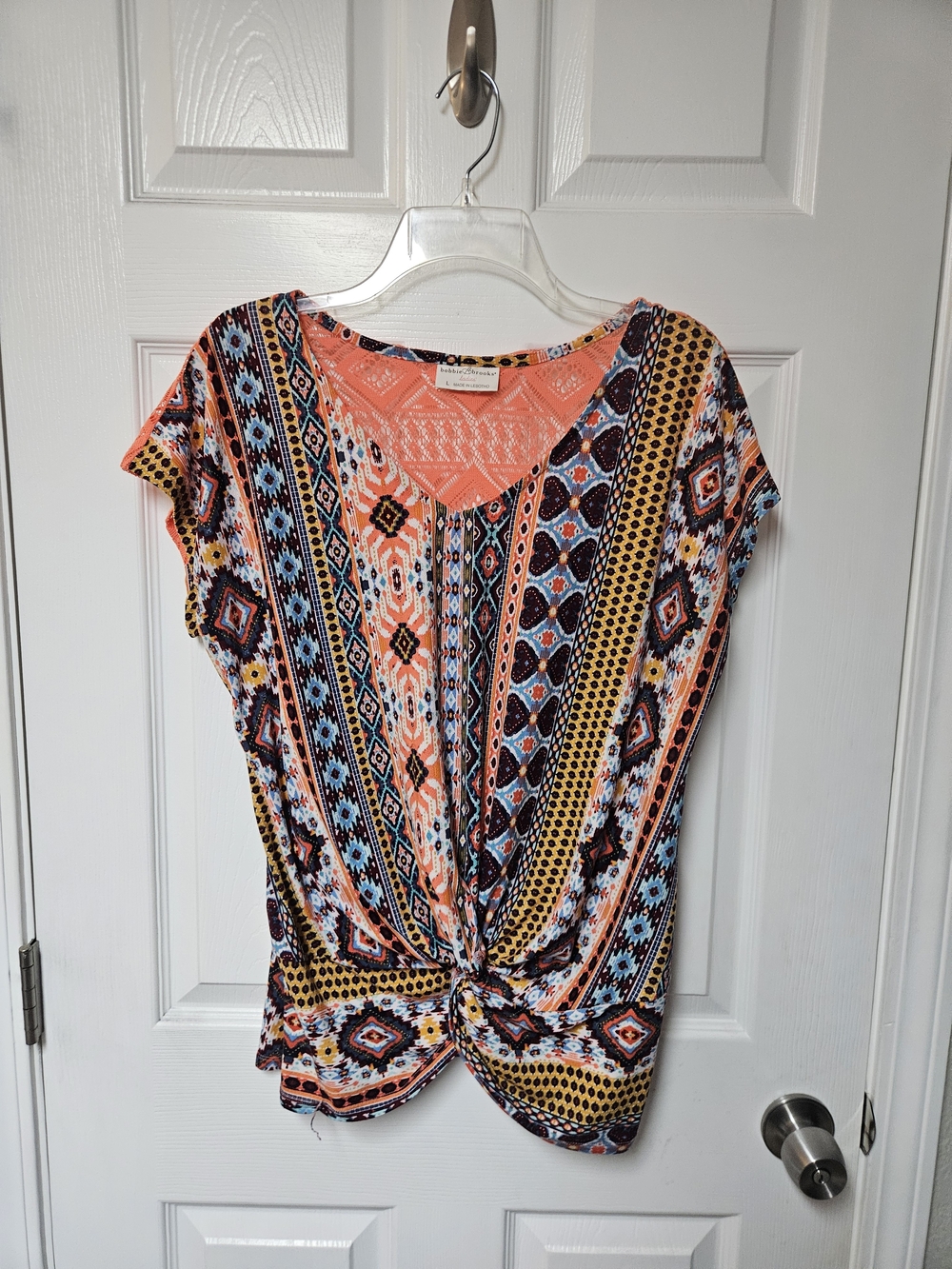 Bobbie Brooks Coral Multi Knot-Front Short Sleeve Top